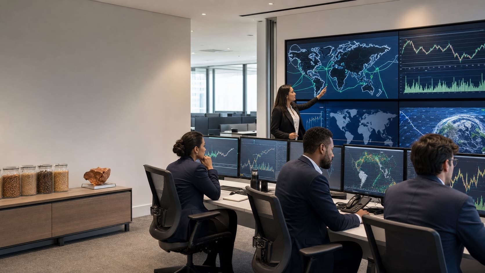 Commodity analysts reviewing shipping routes, market charts, and physical samples in an operations room