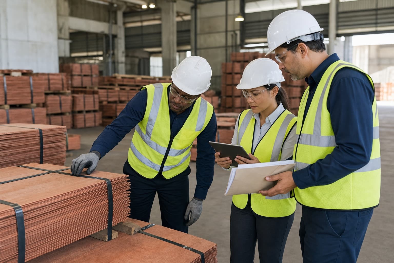 Commodity professionals inspecting copper cathode cargo and documentation in a warehouse