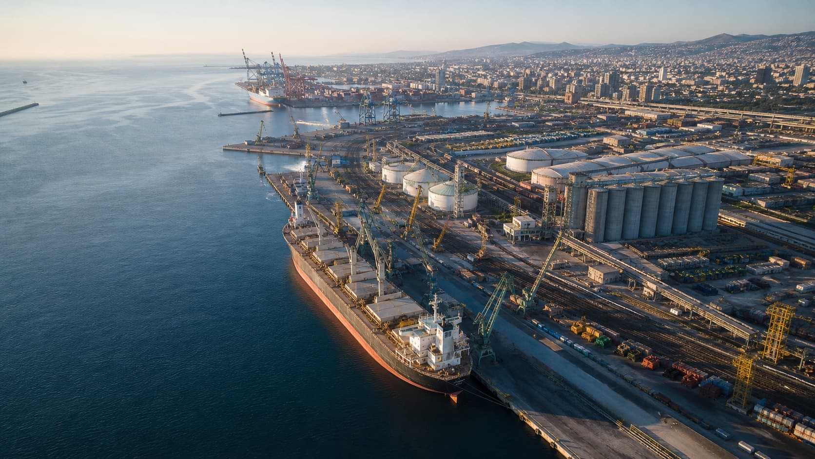 Aerial view of a global commodity export port with a bulk carrier, storage terminals, rail lines, and cargo infrastructure